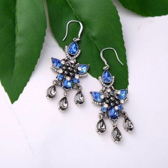 Blue Crystal Flower Silver Vintage Hook Dangle Statement Earrings - Picture 5 of 10